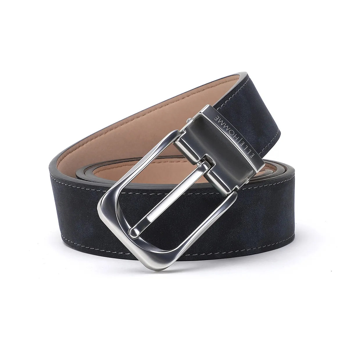 ELLE HOMME Casual Belt Pin Buckle Top Grain Cow Leather Belt Men's Blue Width 3.7cm