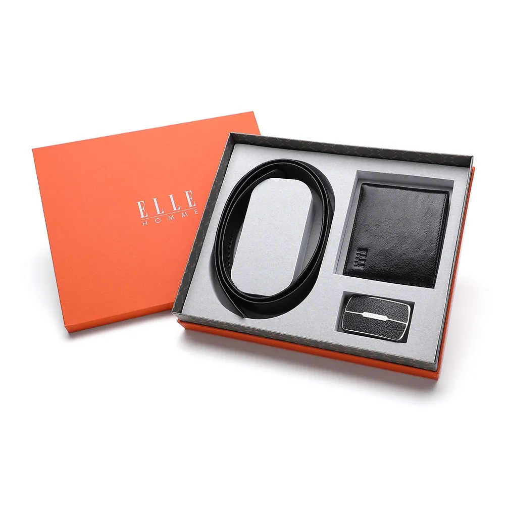 ELLE HOMME Автоматическая застежка Ремень Кошелек Двухкомпонентный Набор Коробка Коровья кожа Мужской Черный Ширина 3,7 см