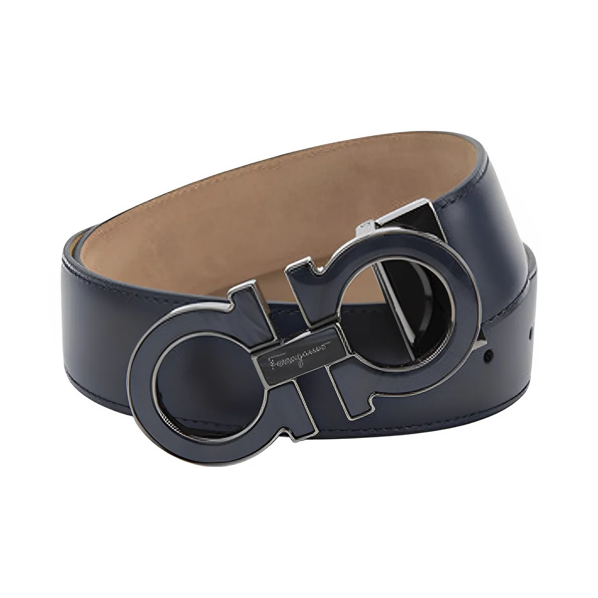 FERRAGAMO Casual Minimalist Style Smooth Buckle Belt Men's Blue Width 3.5CM