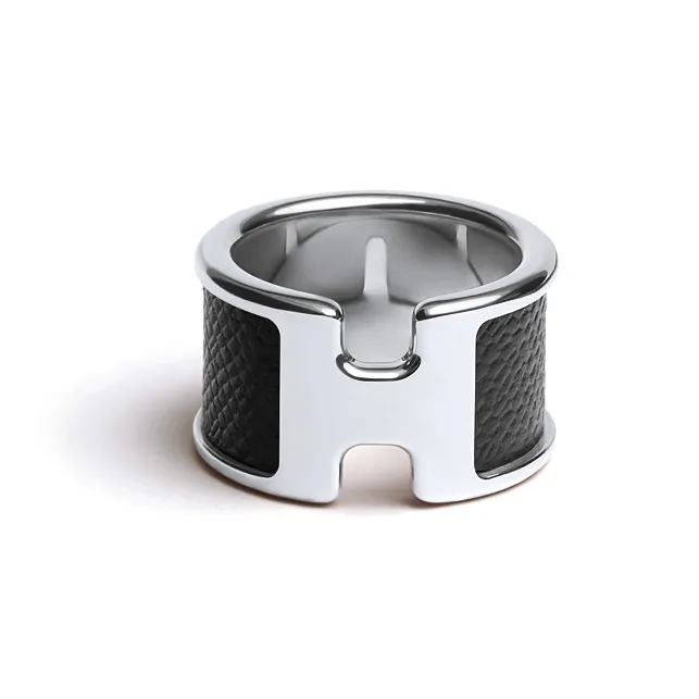 HERMES Calfskin Metal Palladium-Plated Metal Parts Rings Unisex Black