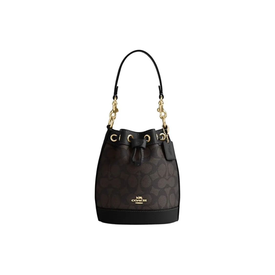 COACH Dempsey PVC With Leather Bucket Bag, One Shoulder Handbag, Crossbody Bag Mini Women's Dark Brown