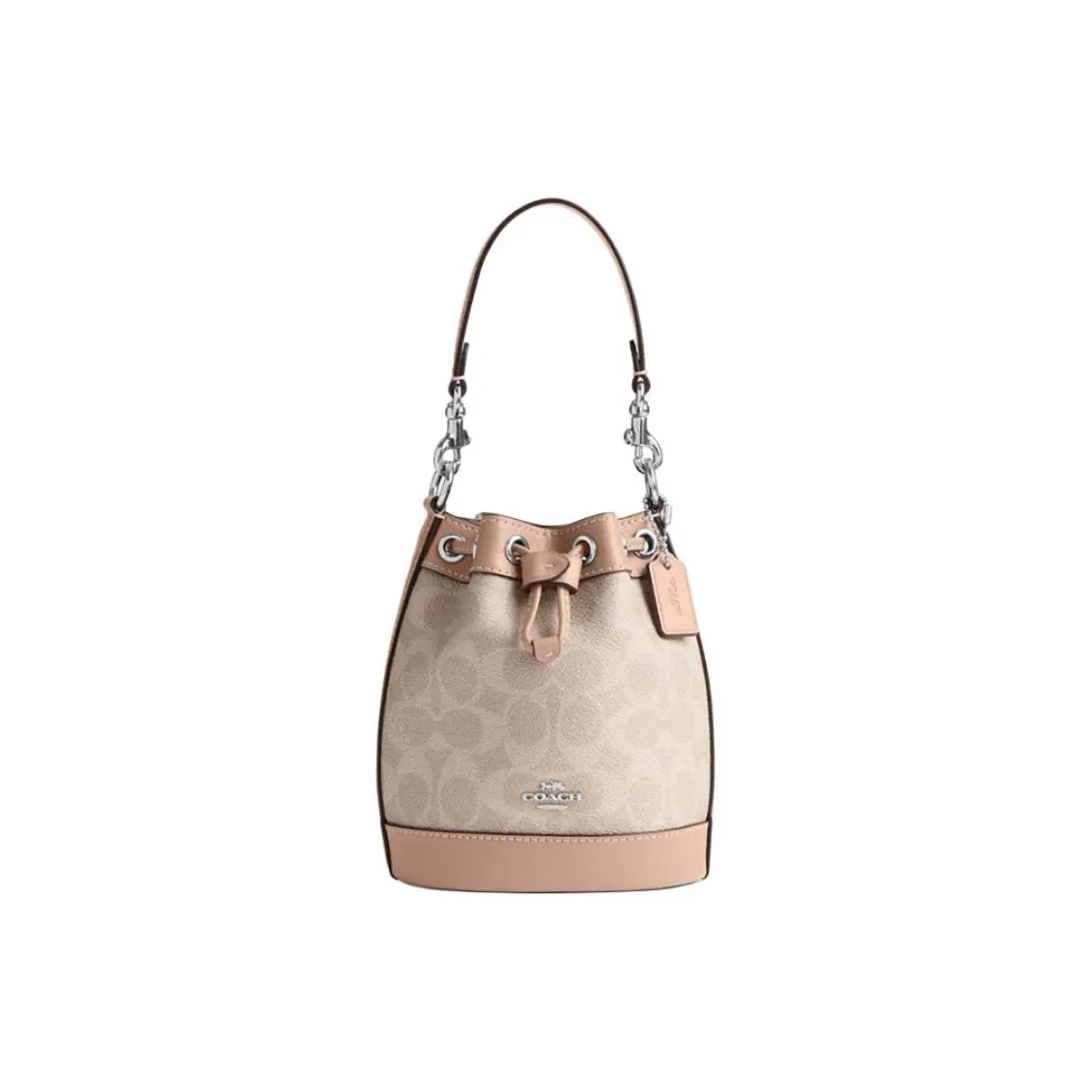 COACH Dempsey Artificial Leather One Shoulder Bucket Bag, Crossbody Handbag Mini Women's Light Khaki