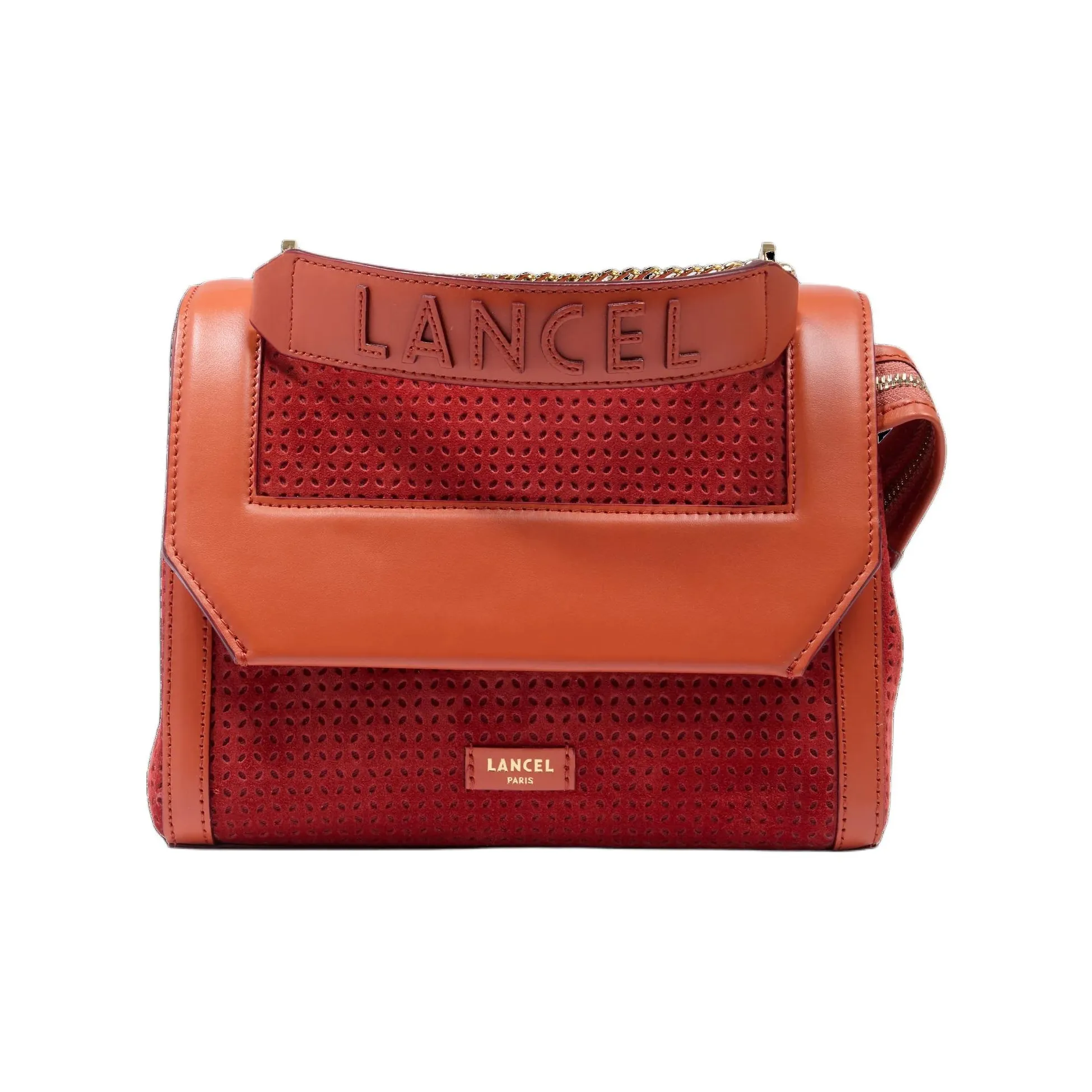 LANCEL Suede With Smooth Cow Leather Crossbody One Shoulder Handbag Medium Size Women's Vermilion
