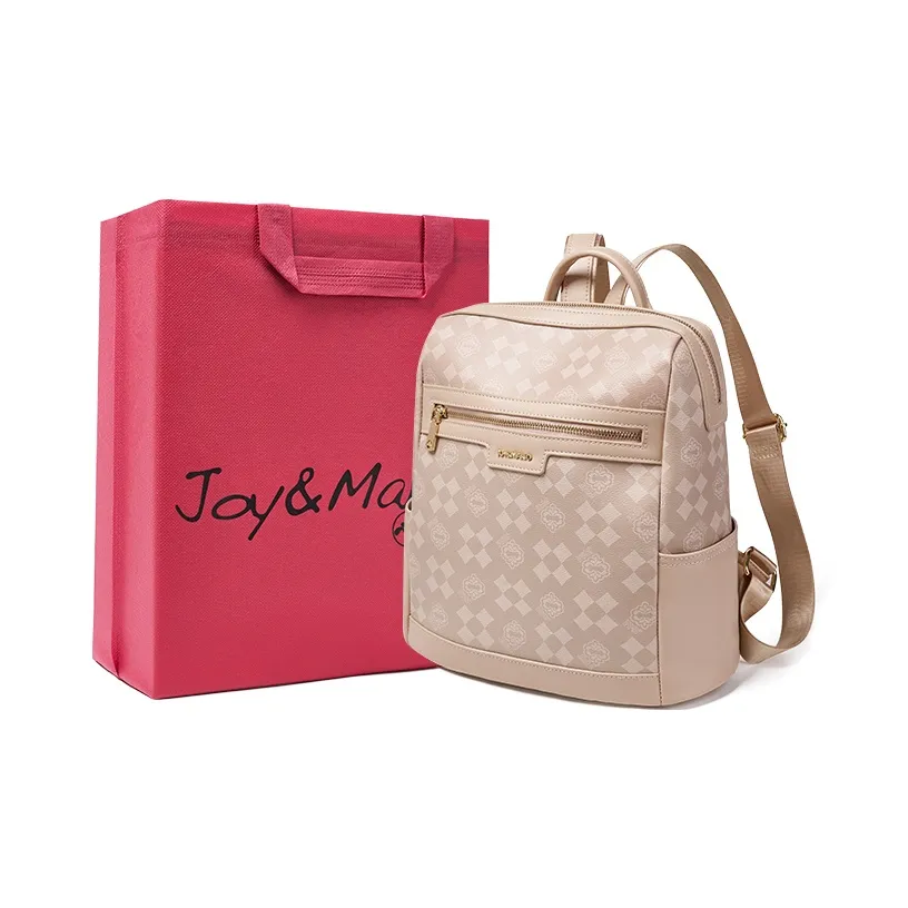 Joy&Mario PVC Premium Texture Lightweight Casual Commute Backpack Tubas Women's Cream Apricot/Coffee