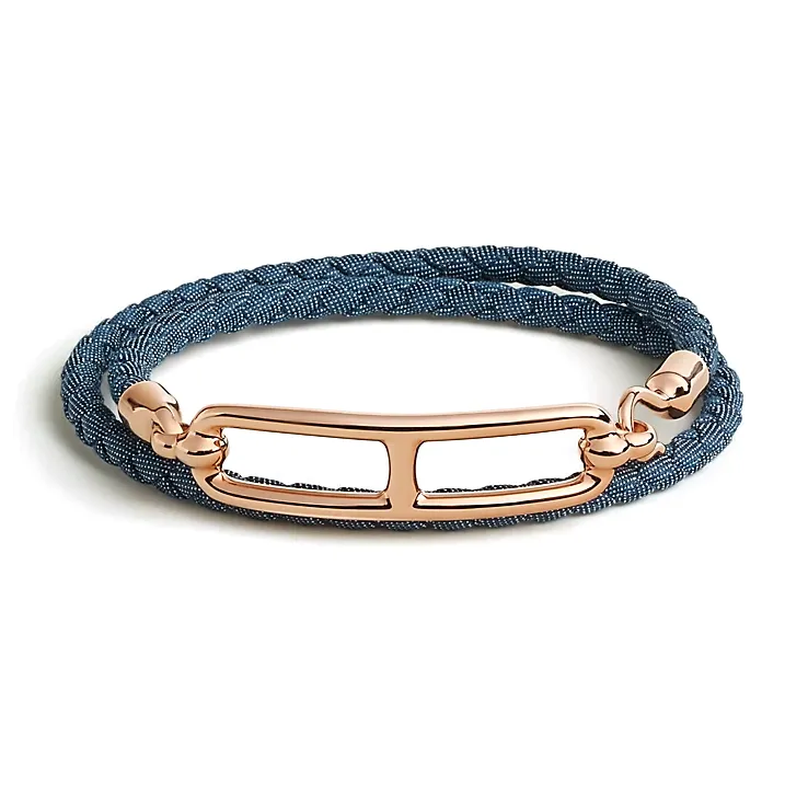 HERMES Denim Leather Rose Gold-Plated Bracelets Women's Blue
