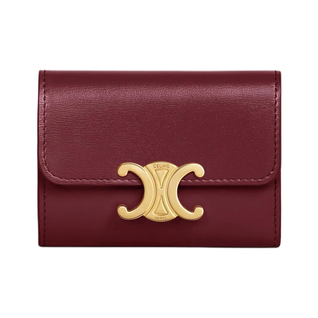 CELINE Triomphe Shiny Cow Leather Coin Purse Wallet Mini Women's Light Burgundy