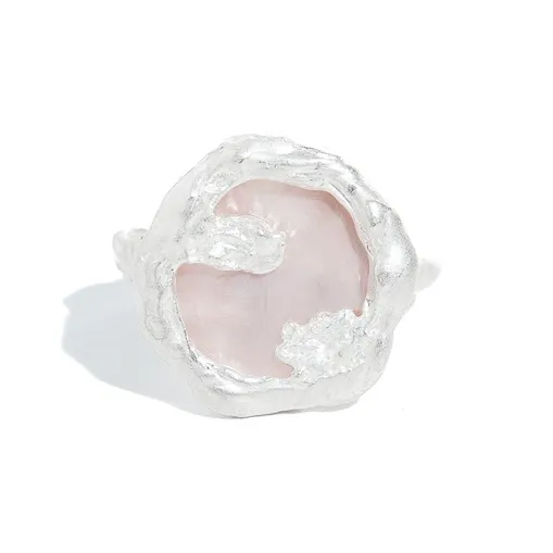 M.Wong Burnished 925 Sterling Silver Inlay Pink Mother of Pearl Handcrafted Texture Open Ended Ring Women's