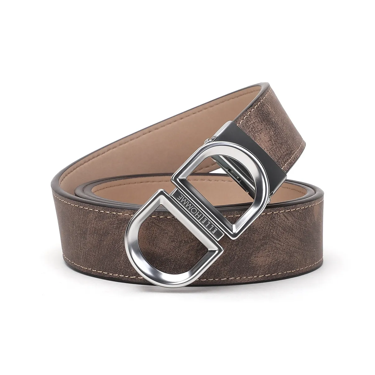 ELLE HOMME Plate Buckle Belt Genuine Leather, Alloy Buckle Top Grain Cow Leather Belt Men's Light marat Width 3.4cm