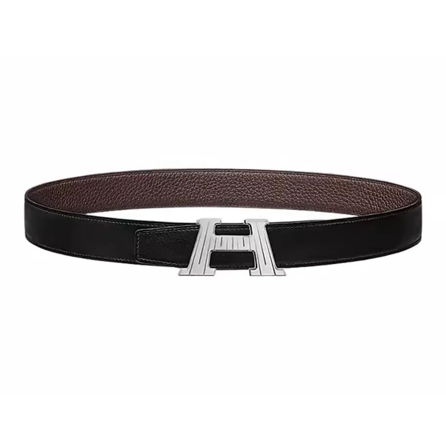 HERMES Double Sided Brushed Double Sided H Buckle Calfskin Leather Belts Men's Black Width 3.2cm
