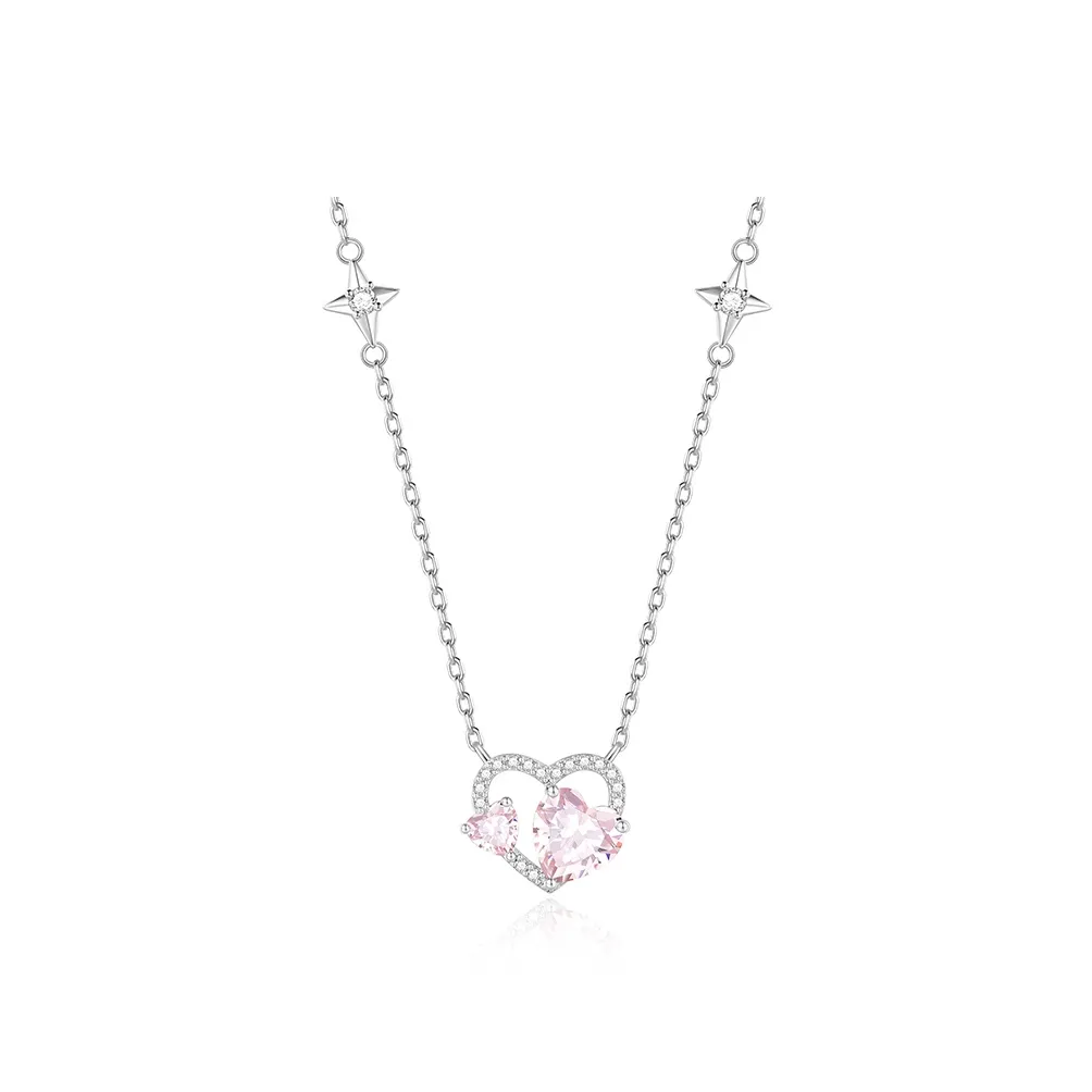 FANCI S925 Silver Inlaid Pink Heart Gemstone Pendant Necklaces Women's Back To School Style