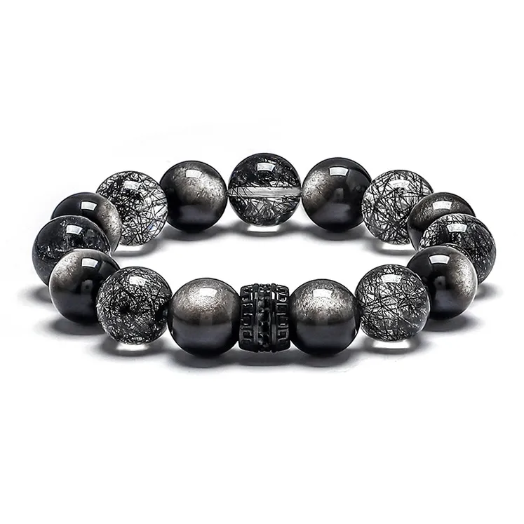 Cuud Silver Sheen Obsidian Black Rutilated Quartz Bracelets Men's
