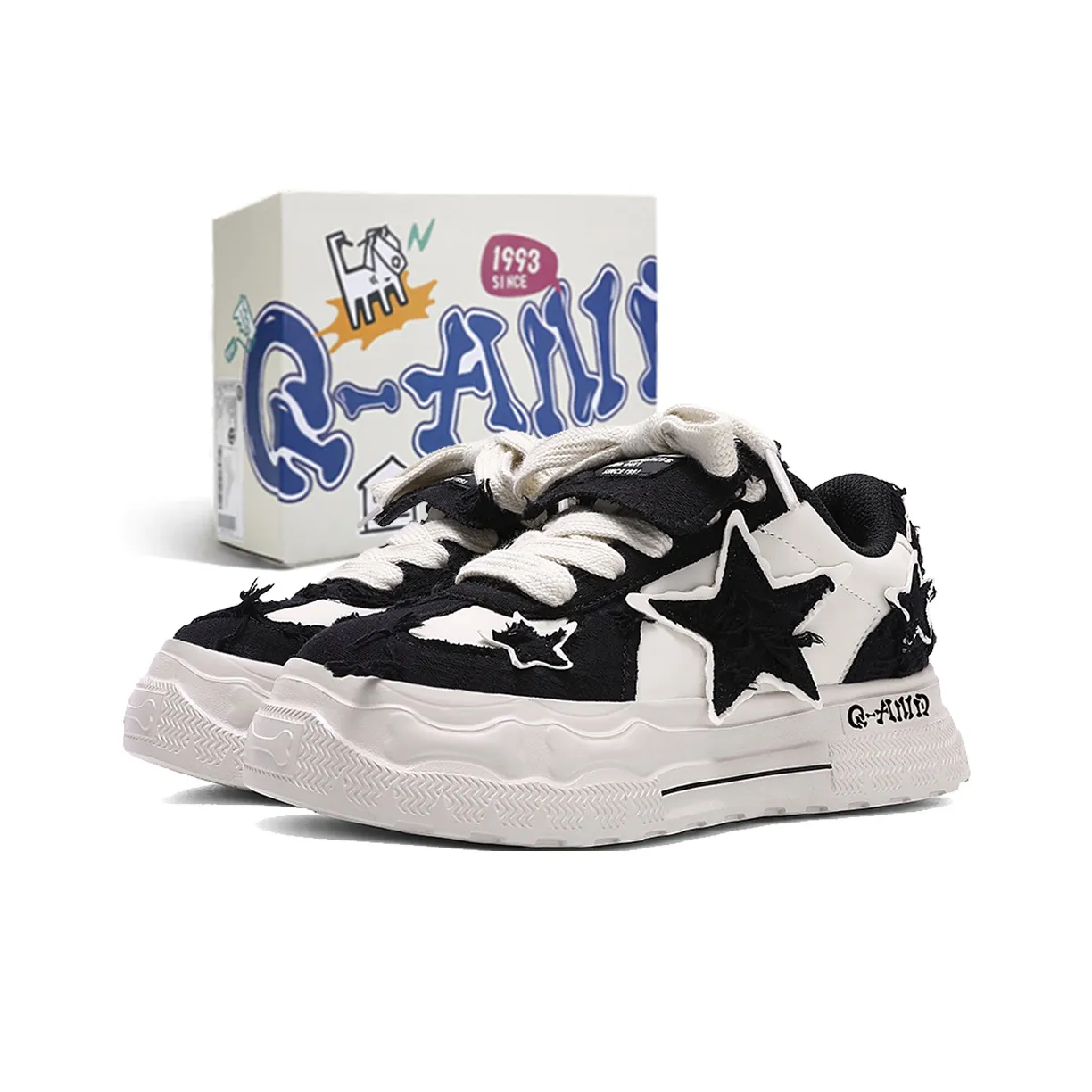 Q AND Anti Slip And Wear Resistant Height Increasing Coverage Low Top Skateboard Shoes Unisex Black White