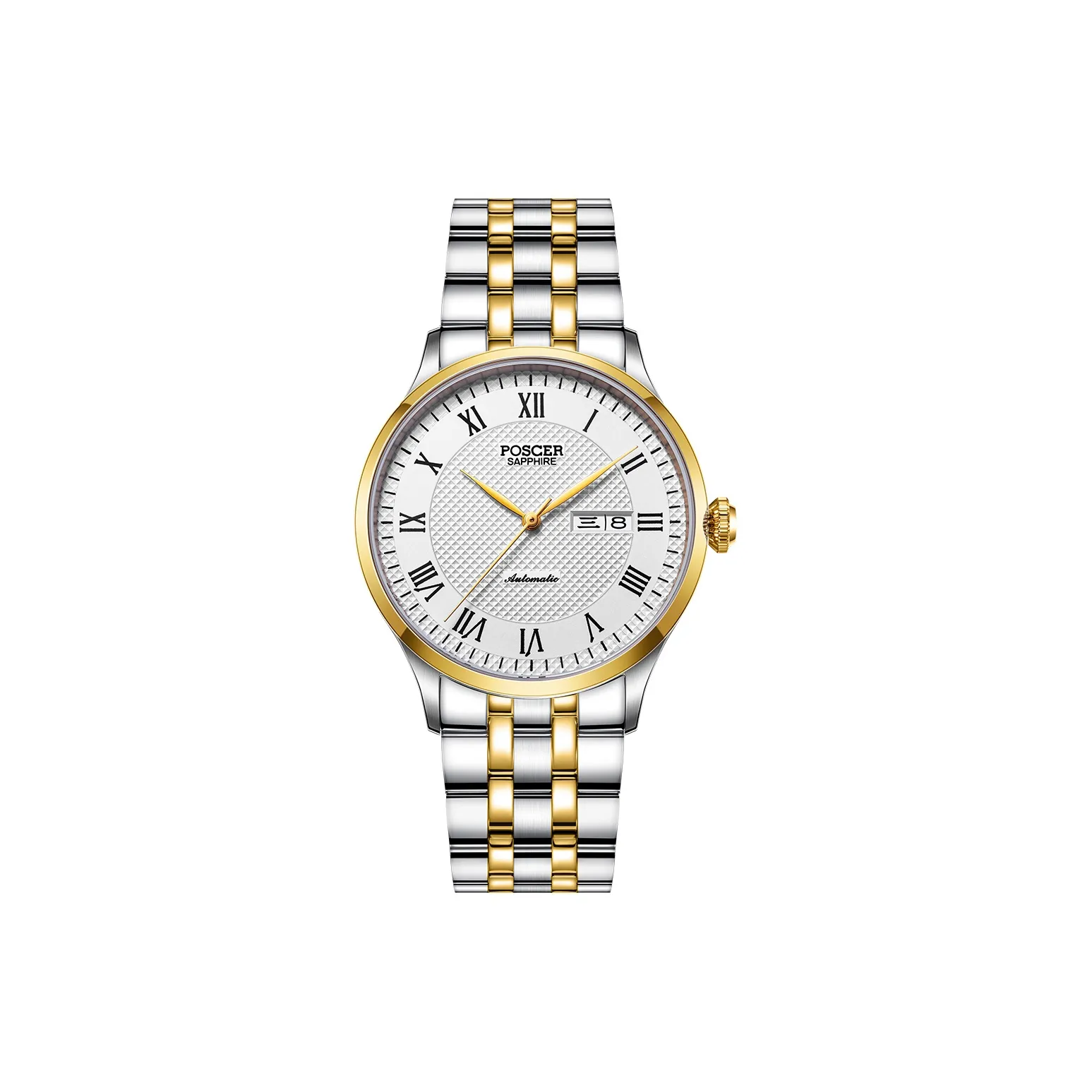 POSCER Mechanical Movement Stainless Steel Watchband Men's Watches White Dial