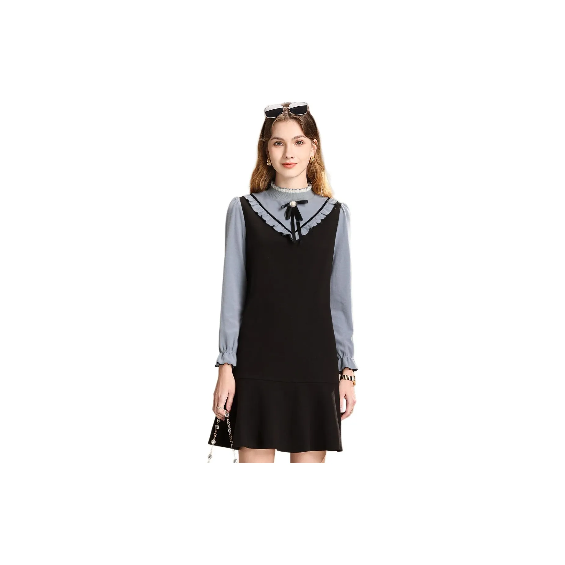 FENHONGMALI Long Sleeved Dress Women's Blue