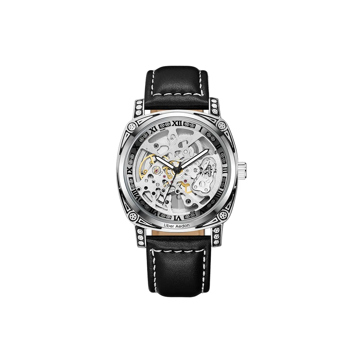 LIBER AEDON Wrist Watch Automatic Mechanical Movement Genuine Leather Strap Cut Out Dial Men's Watches