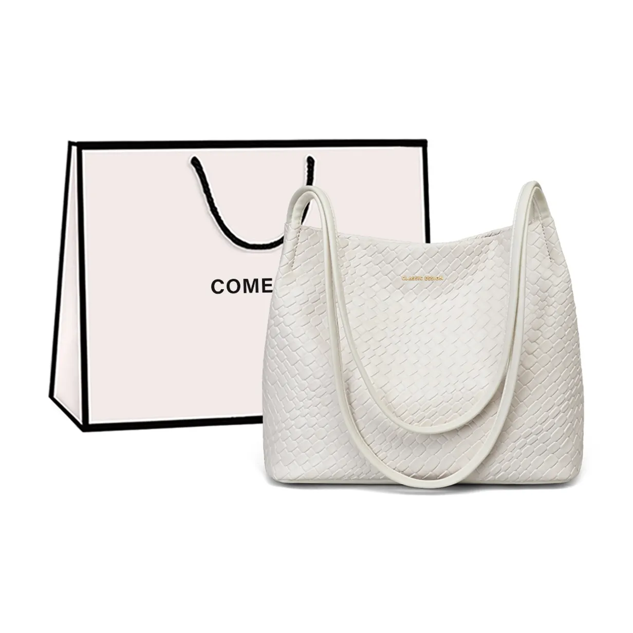 COMELY Synthetic Leather Tote Handbag, Shoulder Bag Regular Medium Size Women's White