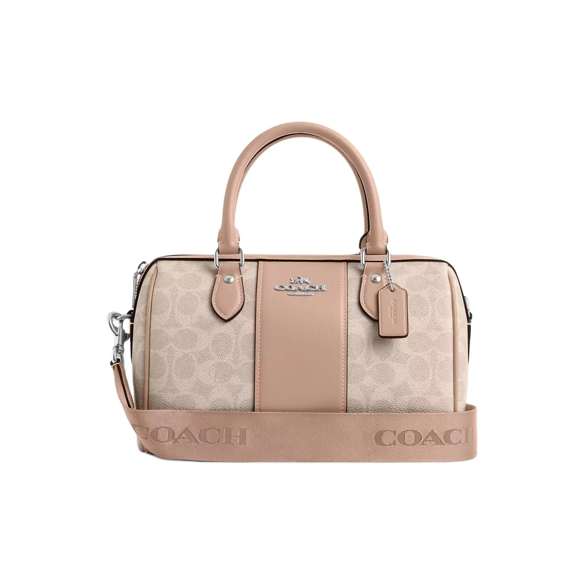 COACH Rowan Coated Canvas Shoulder Bag, Crossbody Bag, Handbag Women's Silver & Sand & Taupe