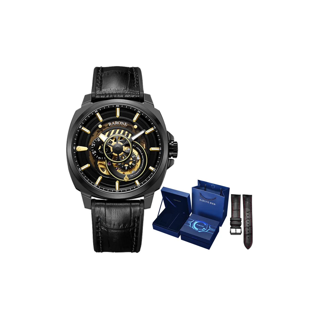 RARONE Interstellar Series Fanatic Mechanical Movement Genuine Leather Strap Watch Men's Watches Black Dial