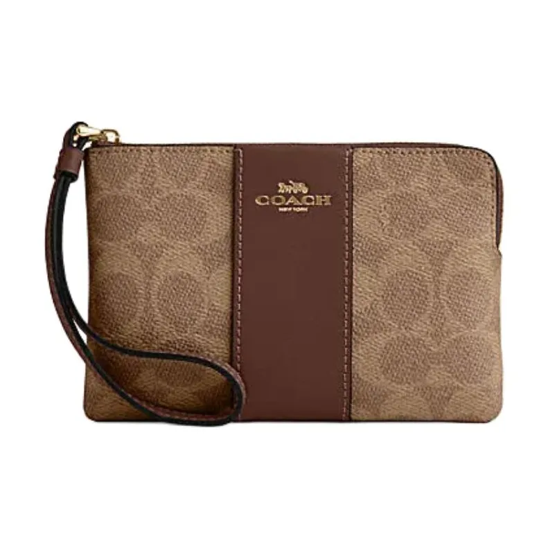 COACH Corner Zip Искусственная кожа с коровьей спилковой кожей запястный клатч маленький женский коричневый желтый и коричневый