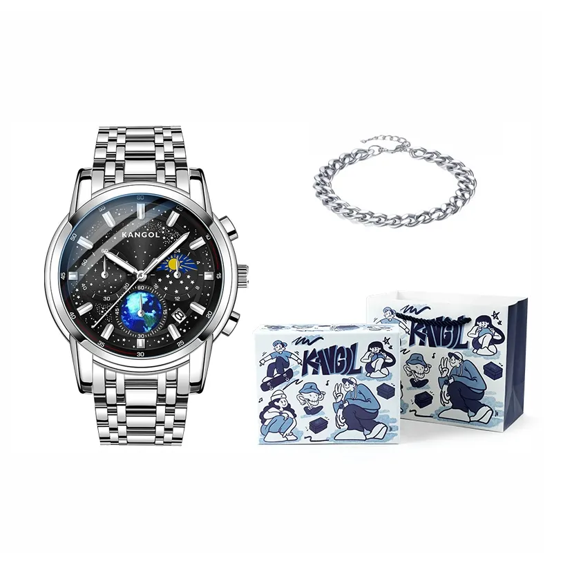 KANGOL Trendy Time Железо Сердце Черный воин Кварцевый механизм Нержавеющая сталь Ремешок Часы Мужские часы Черный циферблат