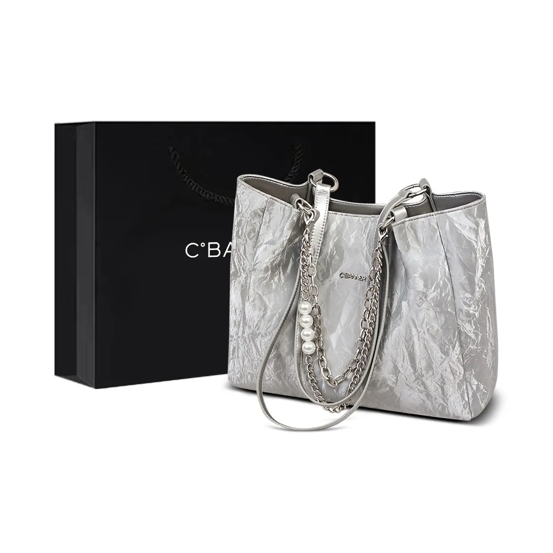 C°BANNER Cow Leather One Shoulder Handbag, Tote Bag Tubas Women's Silver
