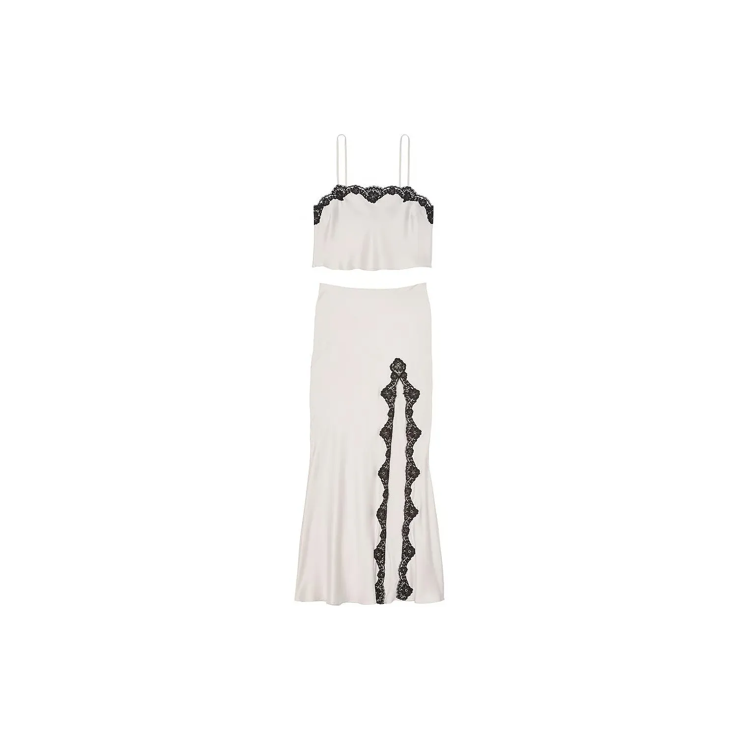 Victoria's Secret 24 Big Show Collection Satin Lace-Trim Cropped Top&Slip Skirt Set/CW Pajama Set Women's Coconut White