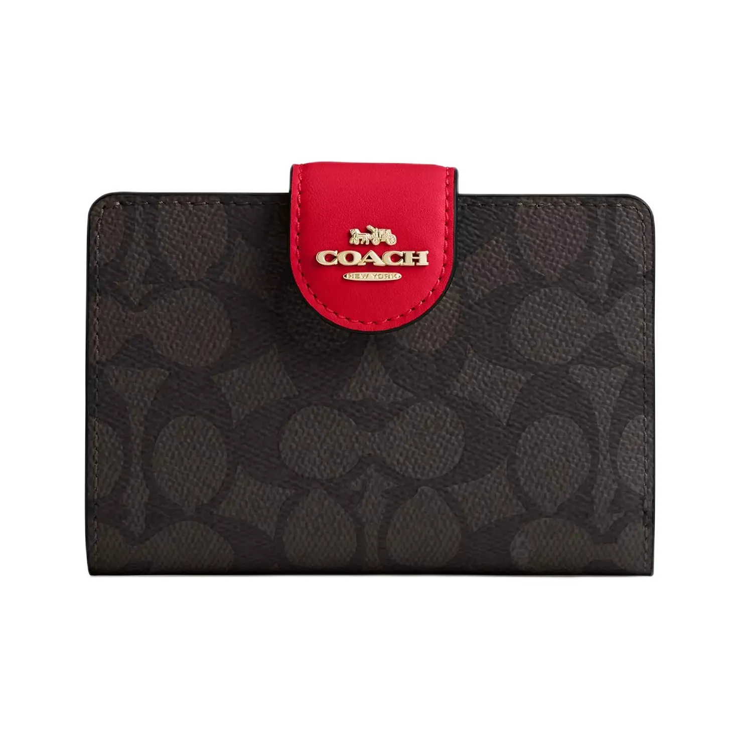COACH SignatureCanvas High Quality Leather Wallet Medium Size Women's Walnut Wood & Red