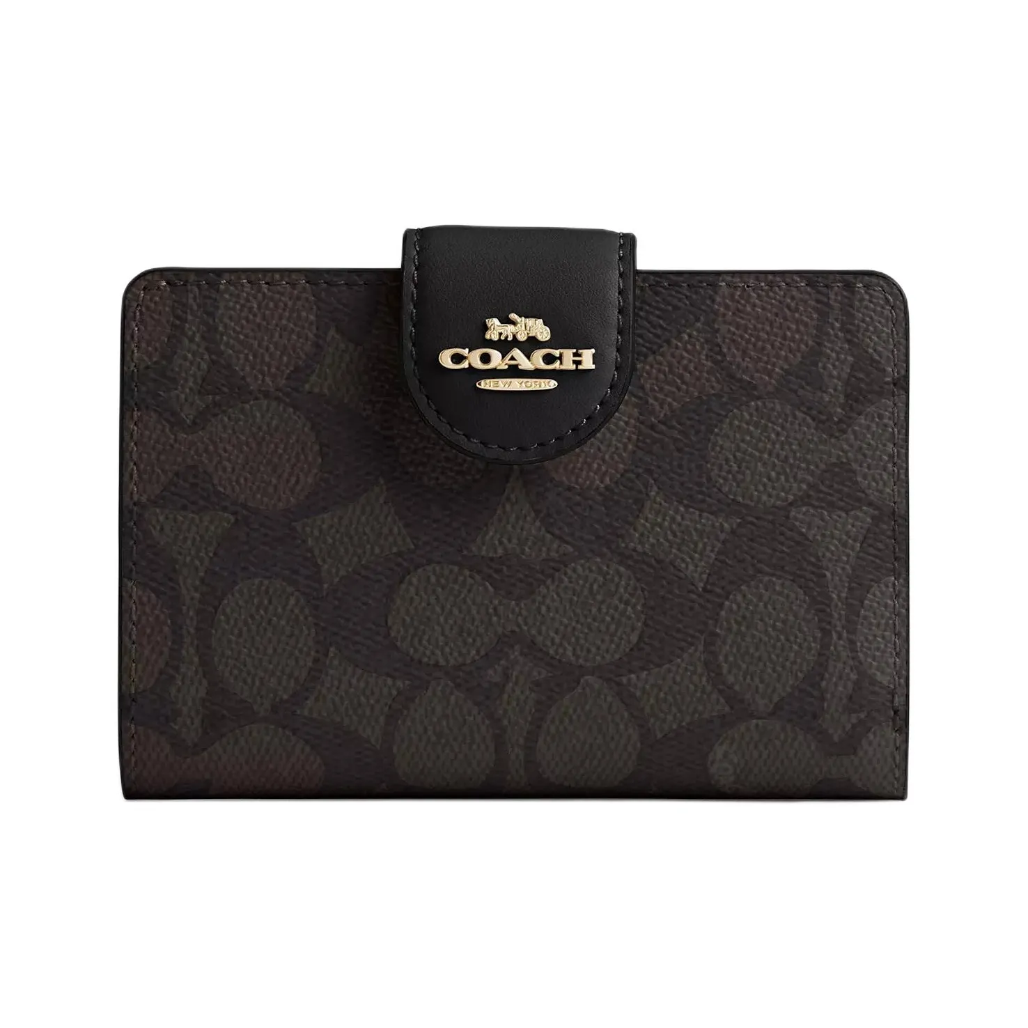 COACH SignatureCanvas High quality Leather Wallet Medium Size Women's Walnut Wood With Black Accents
