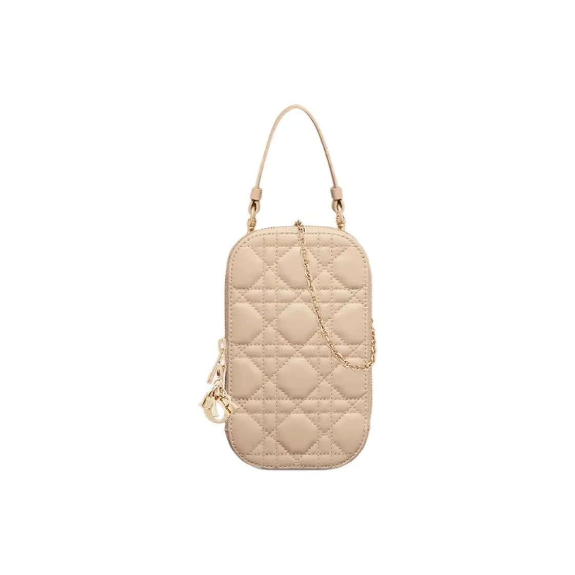DIOR Lady Dior Lambskin Portable One Shoulder Crossbody Cell Phone Pouch Women's Pink Beige