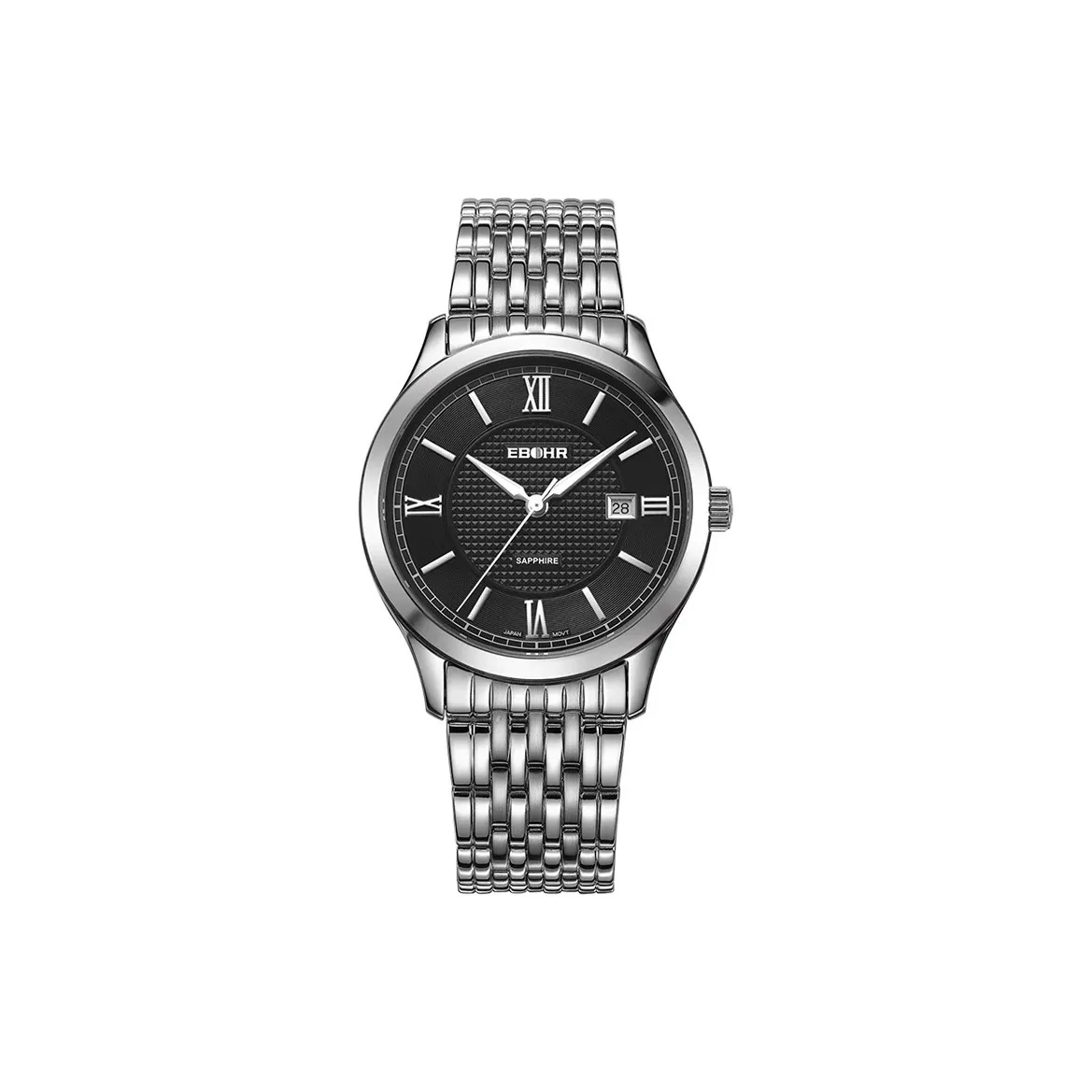 EBOHR Sapphire Mirror Finish Кварцевый механизм Нержавеющая сталь Ремешок Часы Мужские часы Черный циферблат