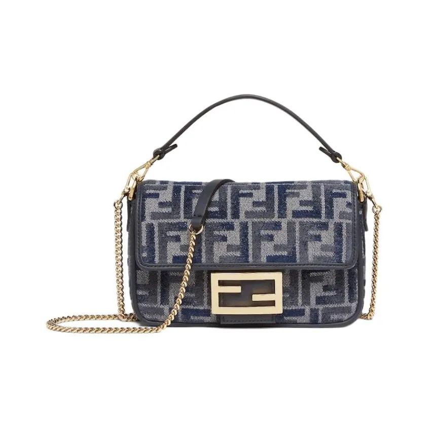 FENDI Baguette Cotton Shoulder Bag Crossbody Bag Handbag Mini Women's Dark Blue