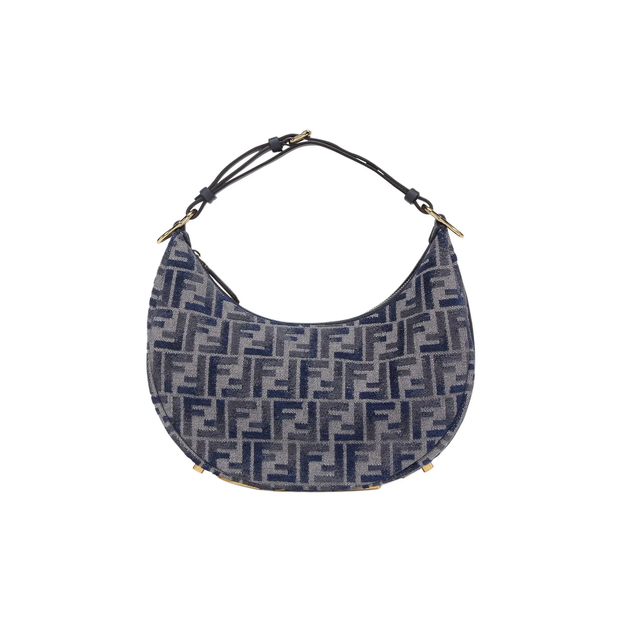 FENDI Fendigraphy Calfskin Crescent Bag, One Shoulder Handbag Trumpets Women's Dark Blue