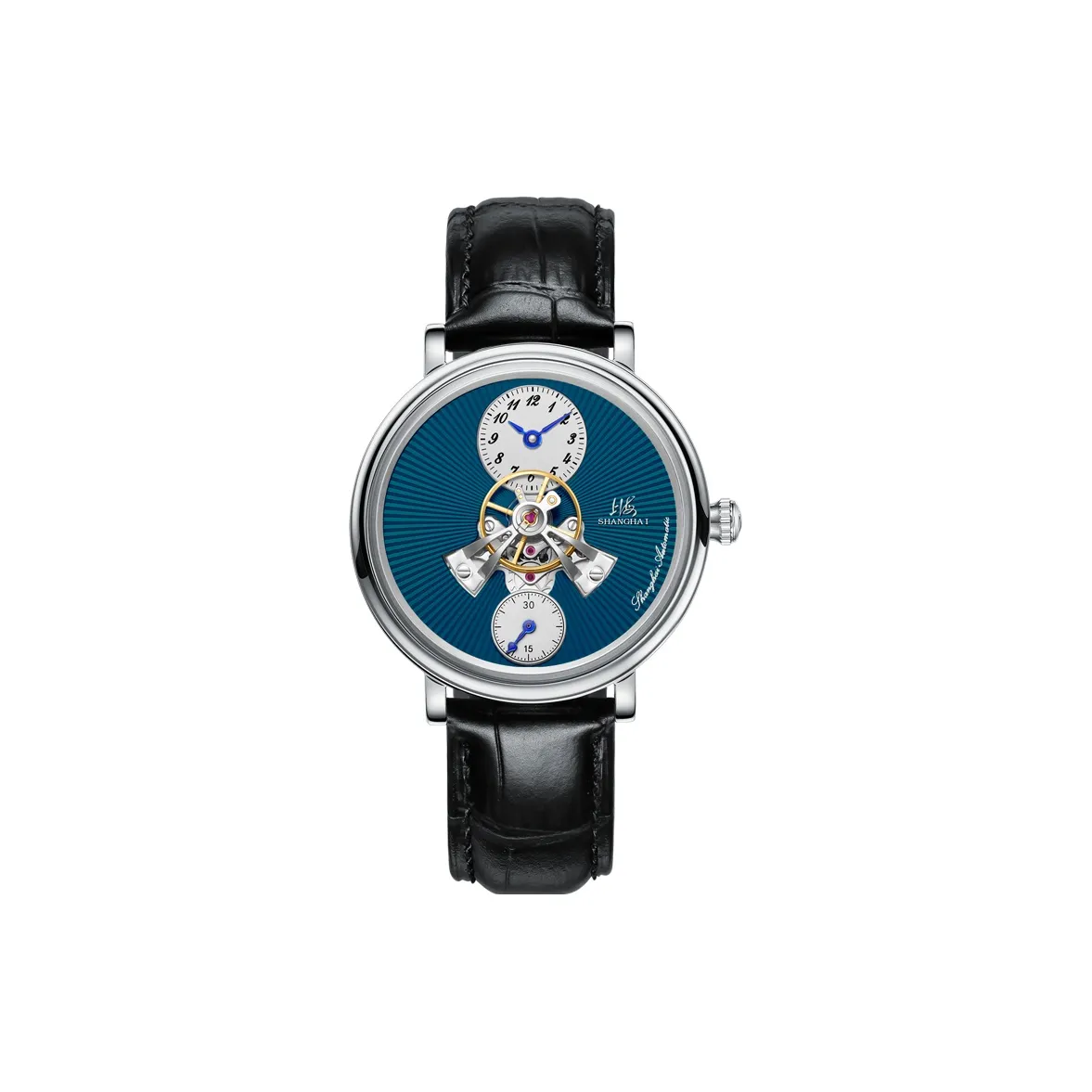 Шанхай Metropolis Автоматический Механический Механизм Кожаный Ремешок Часы Мужские Синий Циферблат