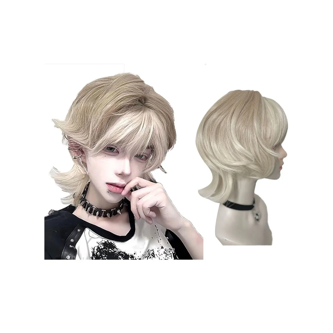 GLUNA Мужская парик Белый золотой Samurai Голова Волк Ласточкин хвост And Карп Голова Высокотемпературная пряжа Короткие прямые волосы