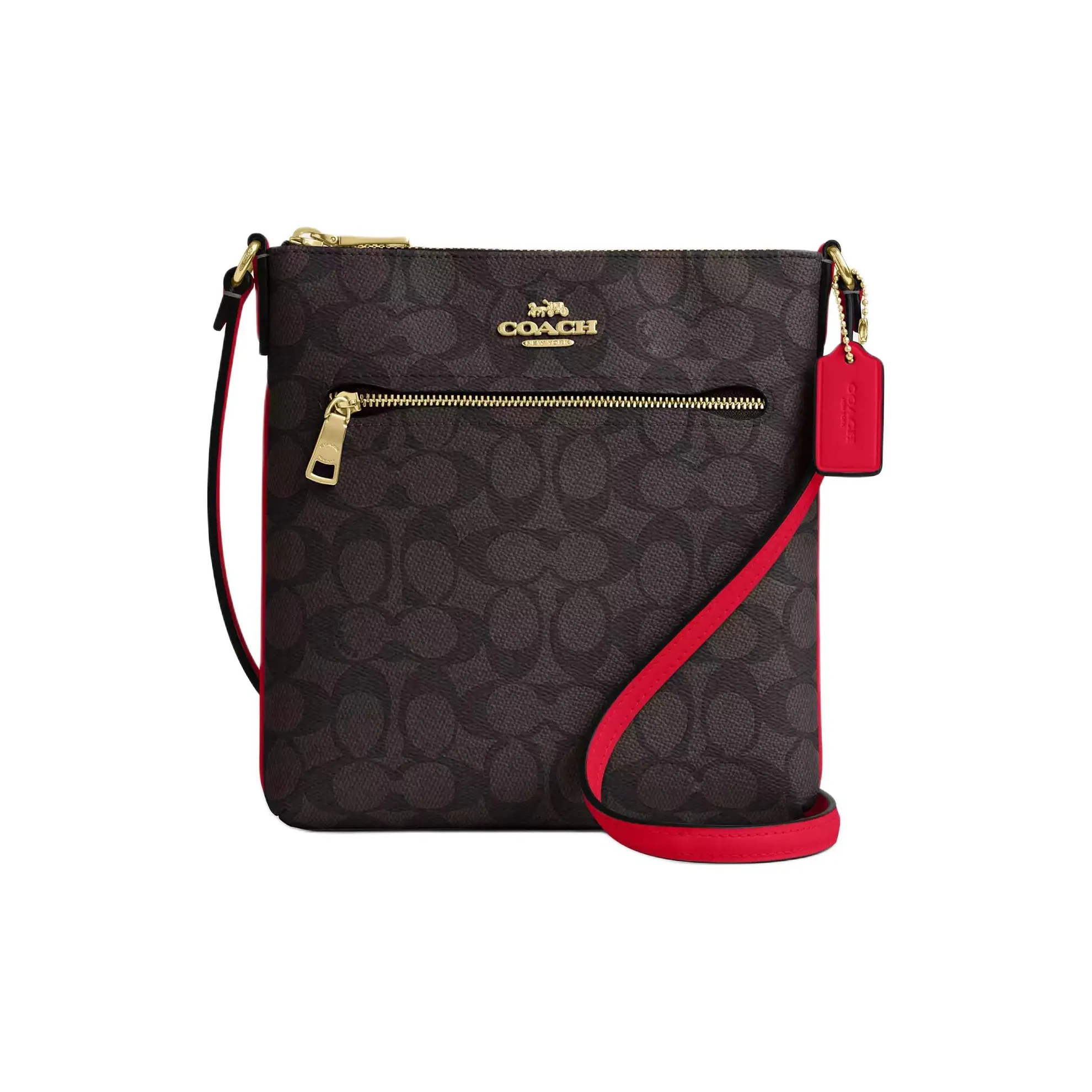 COACH Rowan Coated Canvas Shoulder Bag, Crossbody Bag Mini Women's Walnut & Red