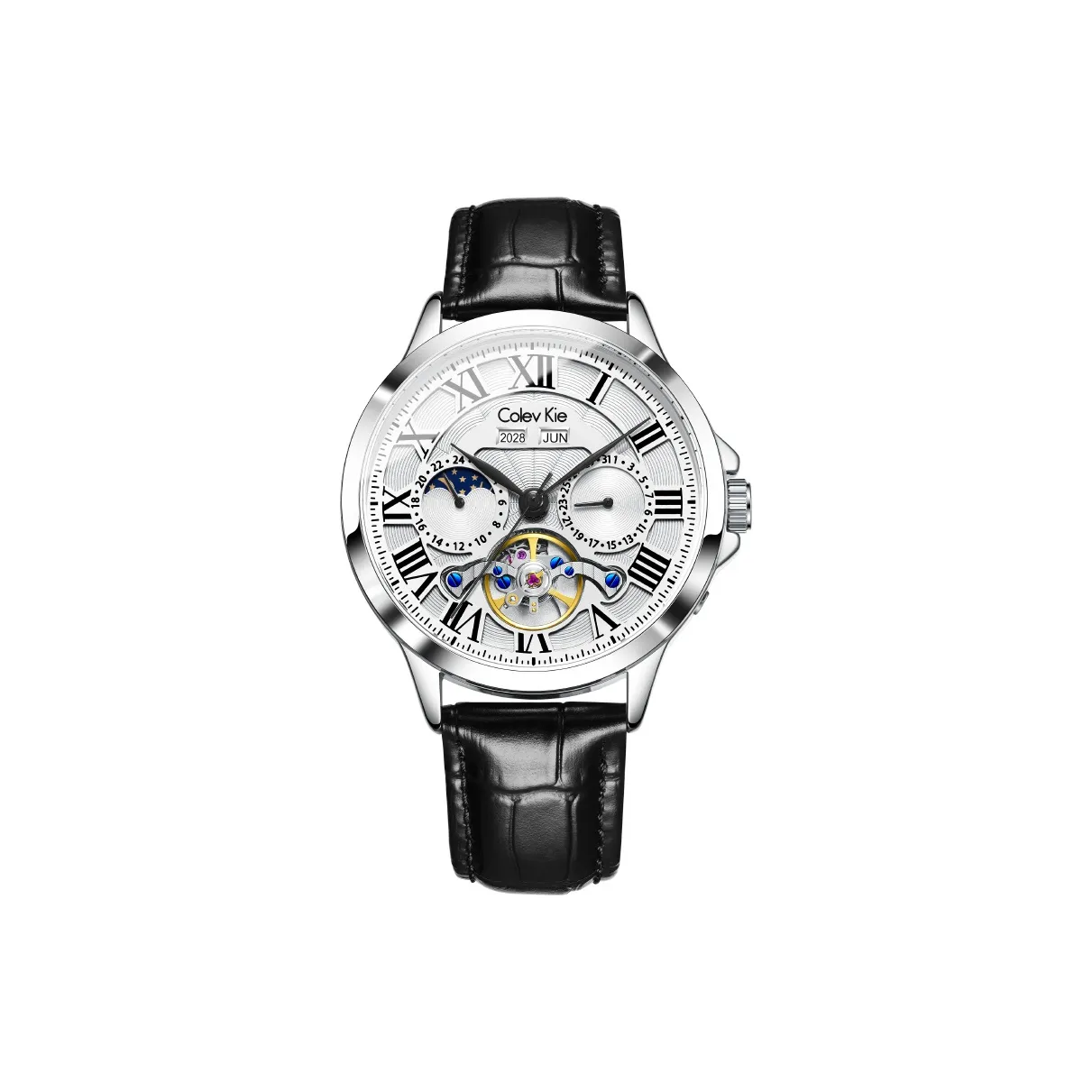Colev Kie Automatic Mechanical Movement Genuine Leather Strap Men's Watches White Dial