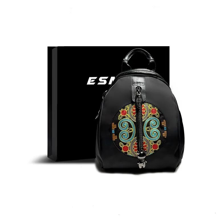 ESNSY Cow Leather With Nylon Carry Backpack Women's Black