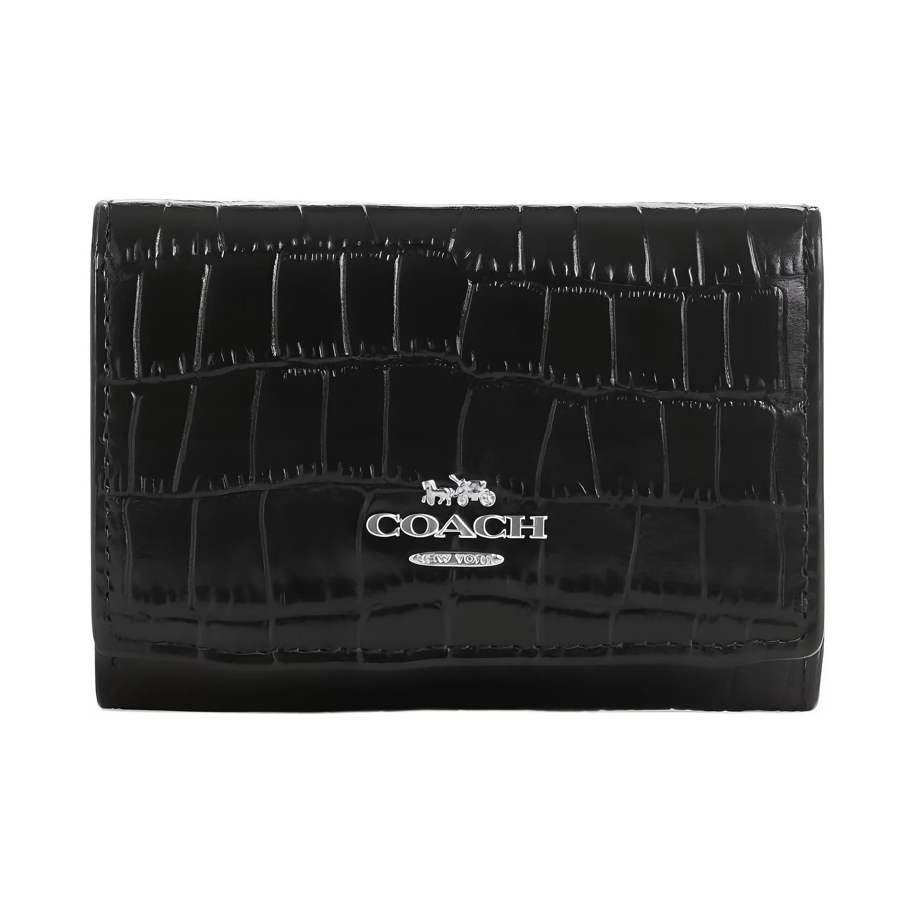 COACH Micro Crocodile Embossed Leather Wallet Mini Women's Silver & Black