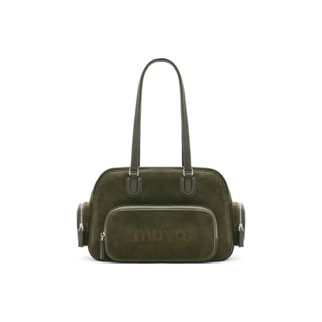 MUVA Cow Leather Handbag Shoulder Bag Large Size Women's Olive Green/Maple Brown