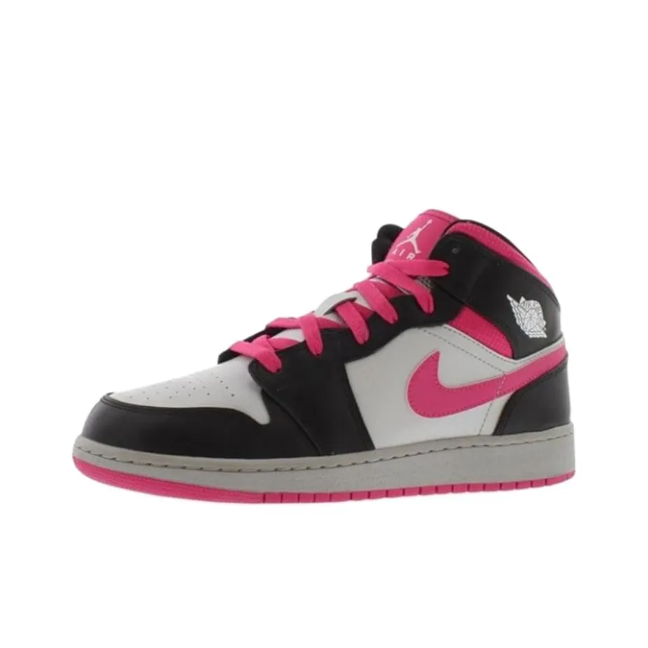 Jordan Air Jordan 1 Амортизация Износостойкий MID Топ Детские Баскетбольные Кроссовки Белый Черный Розовый Подростки
