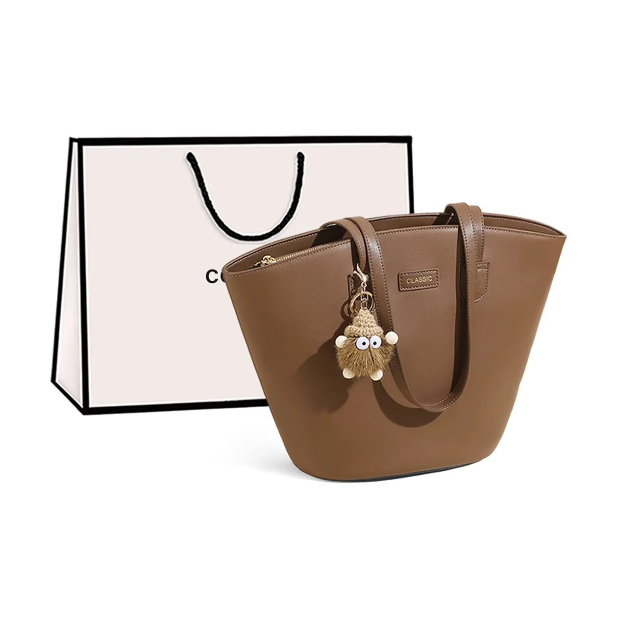 COMELY Cow Leather Patchwork Synthetic Leather Shoulder Bag Tote Handbag Shopping Bag Regular Women's Brown