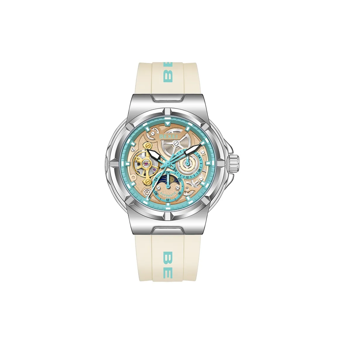 BEXEI Черный Warrior Механический Механизм Резиновый Ремешок Часы Мужские Часы С Чертежом Skeleton