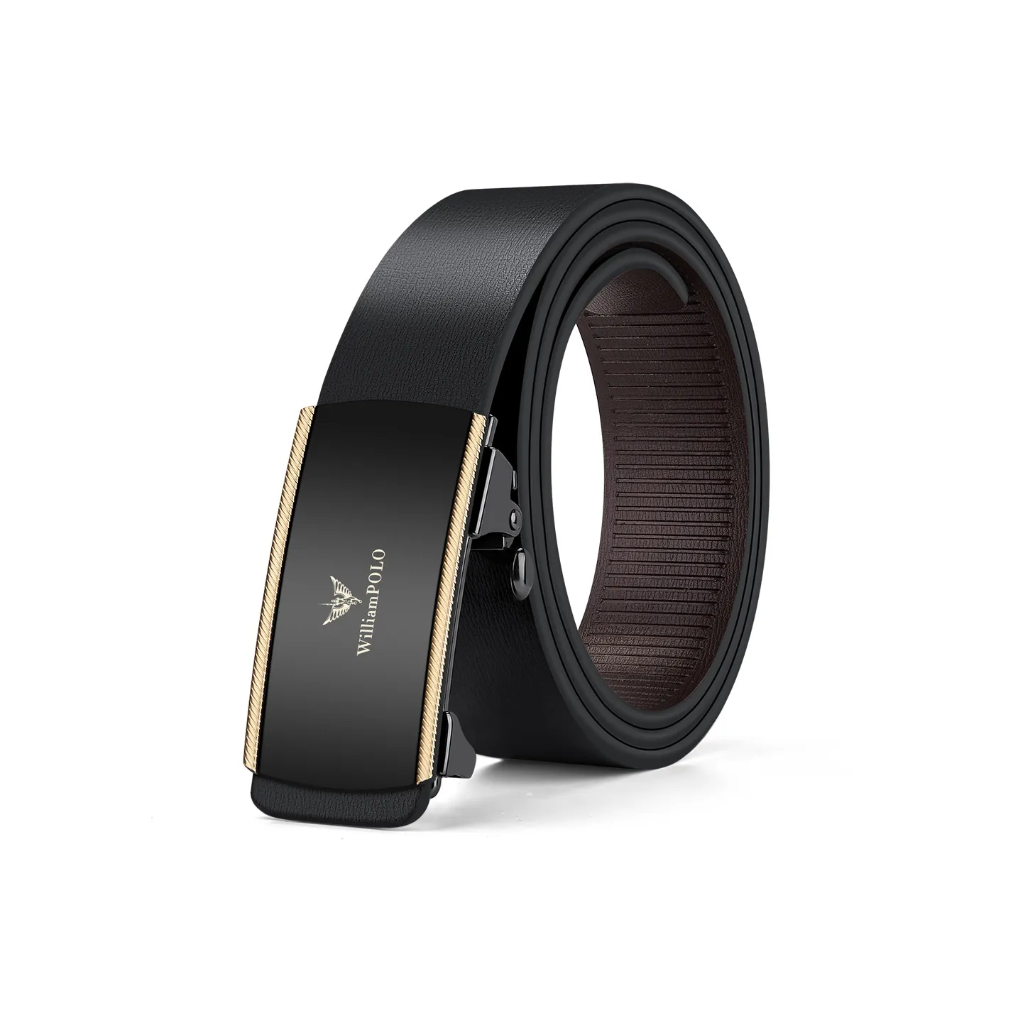 WilliamPOLO Ремни из коровьей кожи Мужской Черный с золотой застежкой и логотипом Ширина 3,4 см