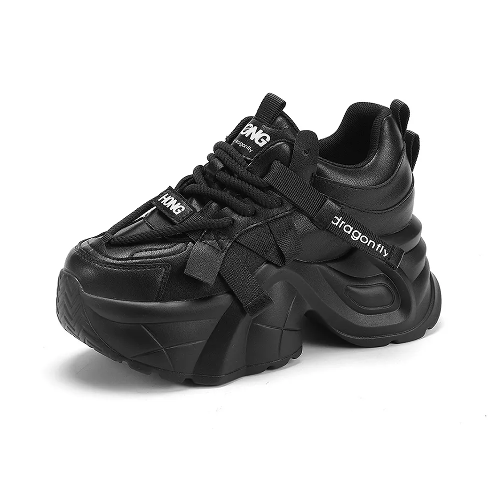 RED DRAGONFLY Chunky Style, Right? Height Increasing Lightweight Low Top Casual Shoes Women's Black Beige