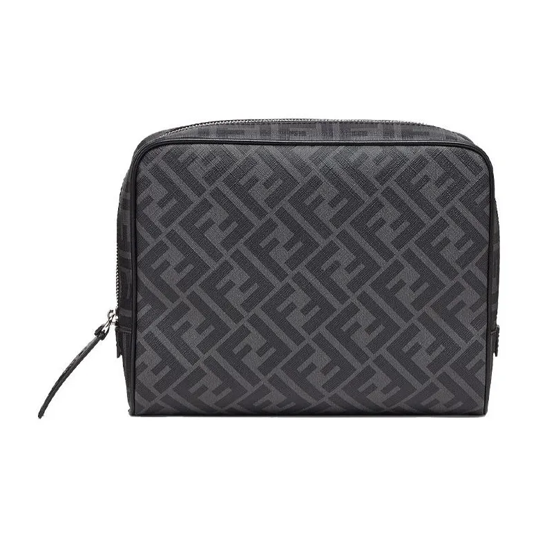 FENDI Calfskin Toiletry Bag Storage Bag Makeup Bag Unisex Black Gray Color
