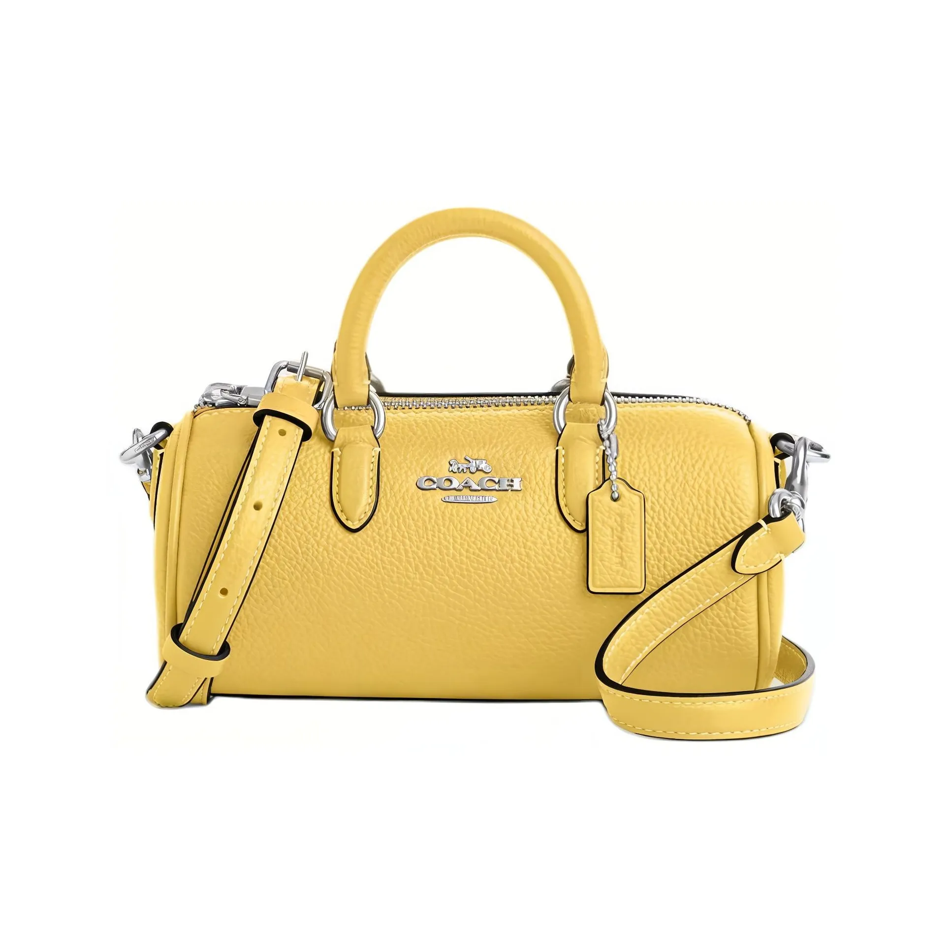 COACH Lacey Pebbled Leather Boston Bag Handbag Shoulder Bag Crossbody Bag Small Size Women's Silver & Vintage Yellow