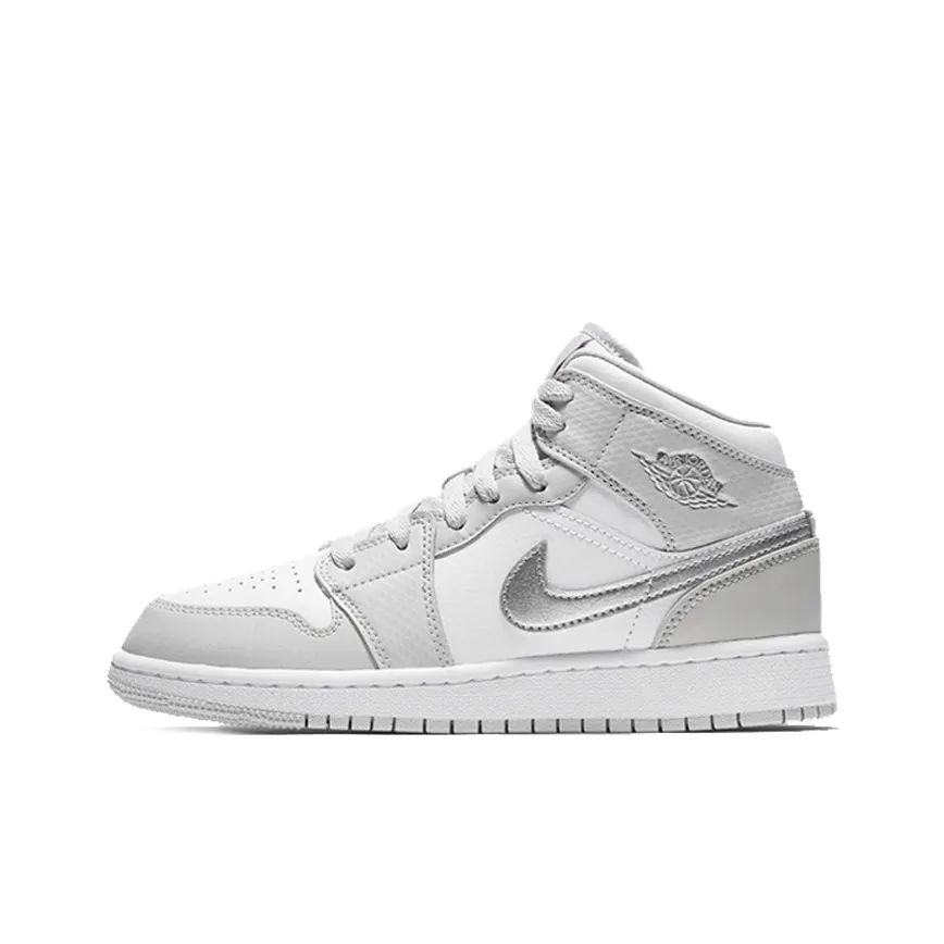 Jordan Air Jordan 1 MID High Топ Детские Баскетбольные Кроссовки Белый Серебряный Подростки