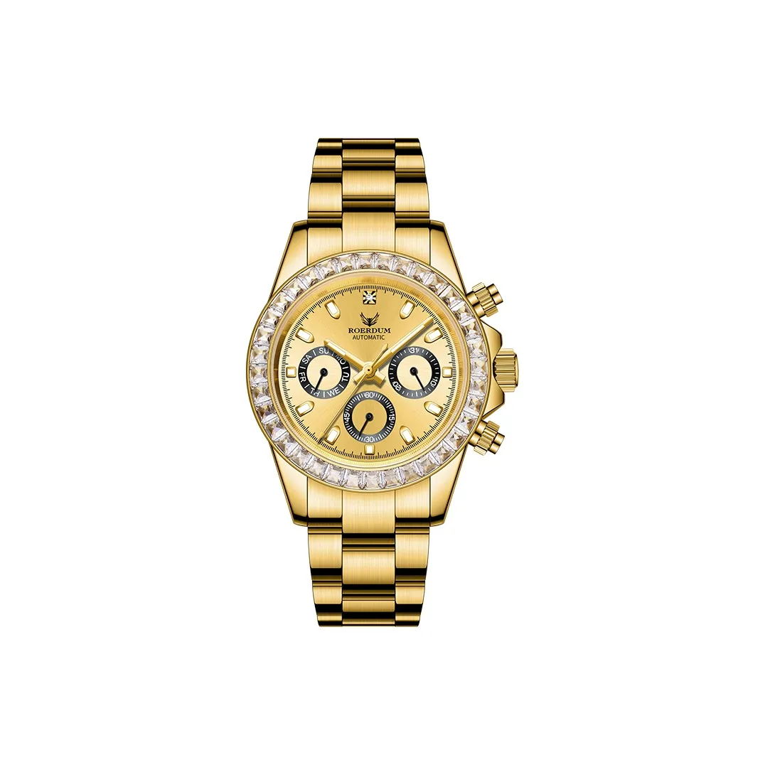 ROERDUM Ditan Collection Fully Rhinestone Gold Di Mechanical Movement Steel Strap Watch Men's Watches Gold Dial