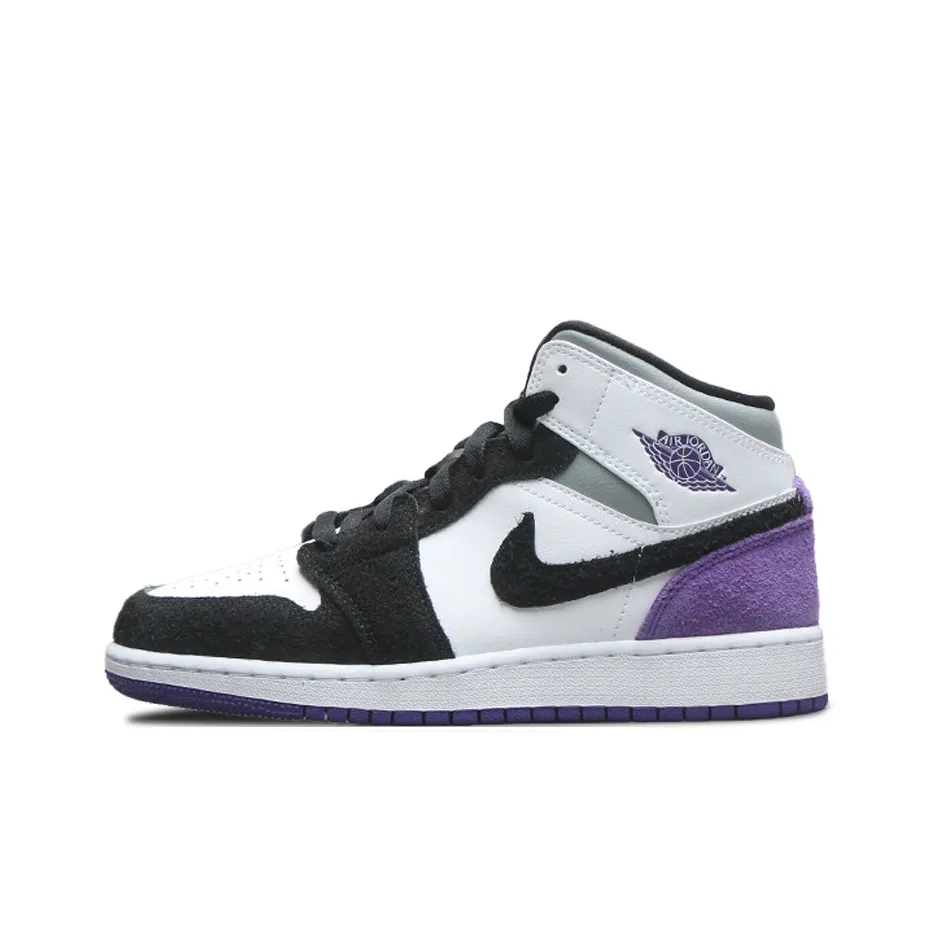 Jordan Air Jordan 1 MID SE Устойчивый к истиранию MID Топ Детские Баскетбольные кроссовки Черный Белый Фиолетовый