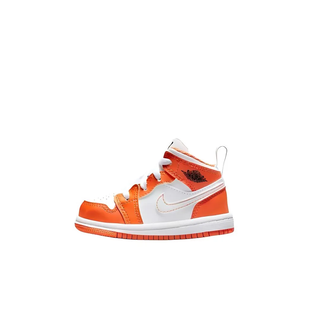 Jordan Air Jordan 1 MID SE Нижняя юбка Устойчивая к истиранию MID Топ Обувь для малышей Белый и оранжевый Infant And Toddler